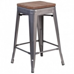 MFO 24" High Backless Clear Coated Metal Counter Height Stool with Square Wood Seat