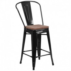 MFO 24" High Black Metal Counter Height Stool with Back and Wood Seat