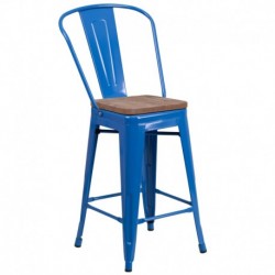 MFO 24" High Blue Metal Counter Height Stool with Back and Wood Seat