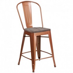 MFO 24" High Copper Metal Counter Height Stool with Back and Wood Seat