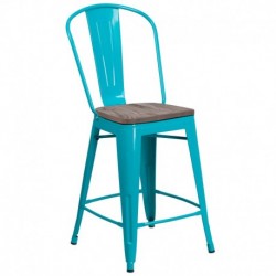 MFO 24" High Crystal Teal-Blue Metal Counter Height Stool with Back and Wood Seat