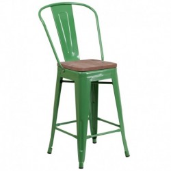 MFO 24" High Green Metal Counter Height Stool with Back and Wood Seat