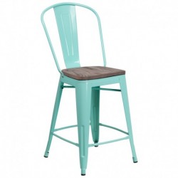 MFO 24" High Mint Green Metal Counter Height Stool with Back and Wood Seat