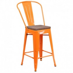 MFO 24" High Orange Metal Counter Height Stool with Back and Wood Seat