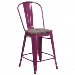 MFO 24" High Purple Metal Counter Height Stool with Back and Wood Seat