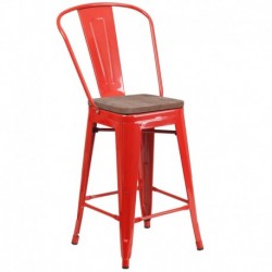MFO 24" High Red Metal Counter Height Stool with Back and Wood Seat