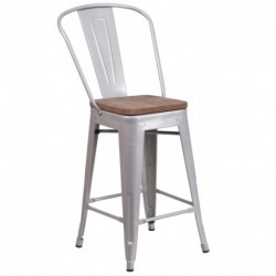 MFO 24" High Silver Metal Counter Height Stool with Back and Wood Seat