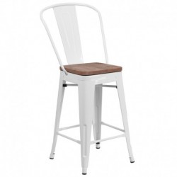 MFO 24" High White Metal Counter Height Stool with Back and Wood Seat