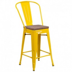 MFO 24" High Yellow Metal Counter Height Stool with Back and Wood Seat