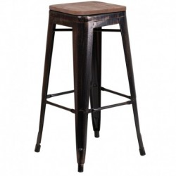 MFO 30" High Backless Black-Antique Gold Metal Barstool with Square Wood Seat