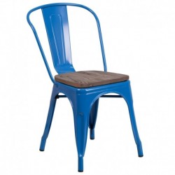 MFO Blue Metal Stackable Chair with Wood Seat