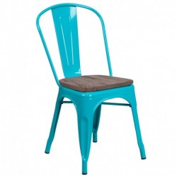 MFO Crystal Teal-Blue Metal Stackable Chair with Wood Seat