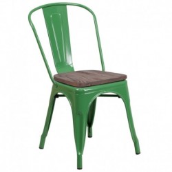MFO Green Metal Stackable Chair with Wood Seat
