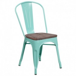 MFO Mint Green Metal Stackable Chair with Wood Seat