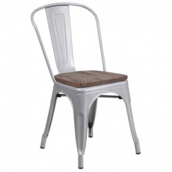 MFO Silver Metal Stackable Chair with Wood Seat