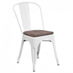 MFO White Metal Stackable Chair with Wood Seat