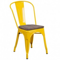 MFO Yellow Metal Stackable Chair with Wood Seat