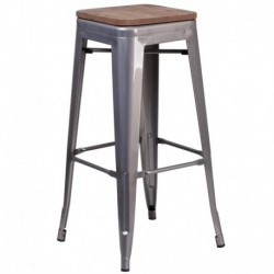 MFO 30" High Backless Clear Coated Metal Barstool with Square Wood Seat