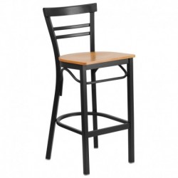 MFO Princeton Collection Black Two-Slat Ladder Back Metal Restaurant Barstool - Natural Wood Seat