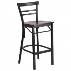 MFO Princeton Collection Black Two-Slat Ladder Back Metal Restaurant Barstool - Walnut Wood Seat