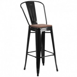 MFO 30" High Black Metal Barstool with Back and Wood Seat