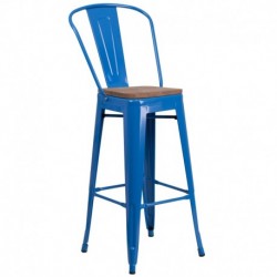 MFO 30" High Blue Metal Barstool with Back and Wood Seat