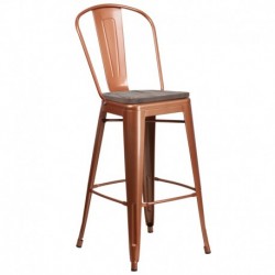 MFO 30" High Copper Metal Barstool with Back and Wood Seat