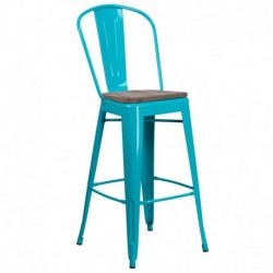 MFO 30" High Crystal Teal-Blue Metal Barstool with Back and Wood Seat