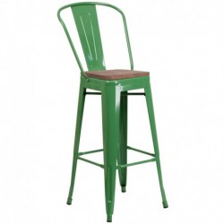 MFO 30" High Green Metal Barstool with Back and Wood Seat