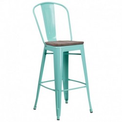 MFO 30" High Mint Green Metal Barstool with Back and Wood Seat