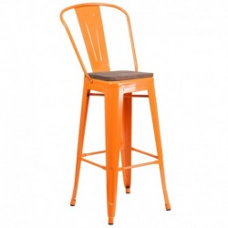 MFO 30" High Orange Metal Barstool with Back and Wood Seat