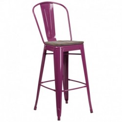 MFO 30" High Purple Metal Barstool with Back and Wood Seat