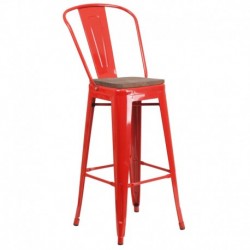 MFO 30" High Red Metal Barstool with Back and Wood Seat