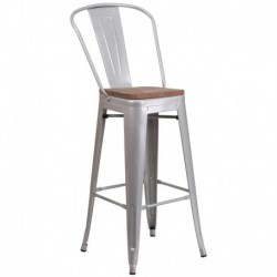 MFO 30" High Silver Metal Barstool with Back and Wood Seat