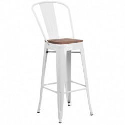 MFO 30" High White Metal Barstool with Back and Wood Seat
