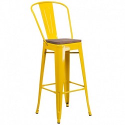 MFO 30" High Yellow Metal Barstool with Back and Wood Seat