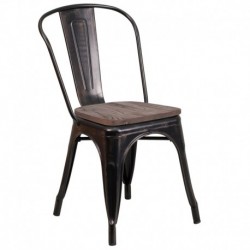 MFO Black-Antique Gold Metal Stackable Chair with Wood Seat