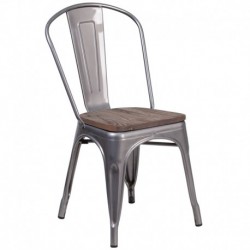 MFO Clear Coated Metal Stackable Chair with Wood Seat