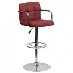 MFO Contemporary Burgundy Quilted Vinyl Adjustable Height Bar Stool with Arms and Chrome Base