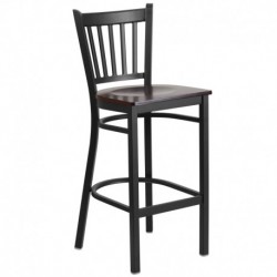 MFO Princeton Collection Black Vertical Back Metal Restaurant Barstool - Walnut Wood Seat