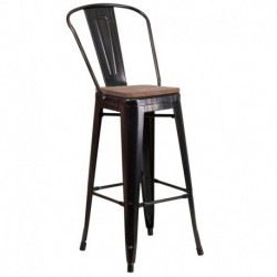 MFO 30" High Black-Antique Gold Metal Barstool with Back and Wood Seat