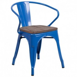 MFO Blue Metal Chair with Wood Seat and Arms