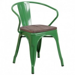 MFO Green Metal Chair with Wood Seat and Arms