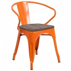 MFO Orange Metal Chair with Wood Seat and Arms