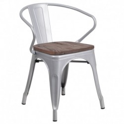 MFO Silver Metal Chair with Wood Seat and Arms