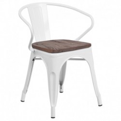 MFO White Metal Chair with Wood Seat and Arms