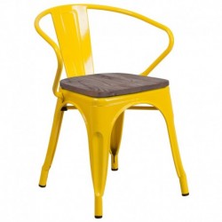 MFO Yellow Metal Chair with Wood Seat and Arms