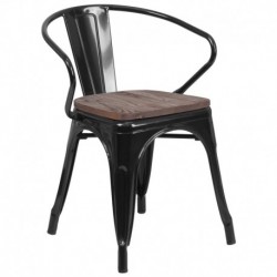 MFO Black Metal Chair with Wood Seat and Arms