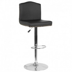 MFO Liam Collection Contemporary Adjustable Height Barstool with Accent Nail Trim in Black Leather