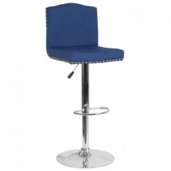 MFO Liam Collection Contemporary Adjustable Height Barstool with Accent Nail Trim in Blue Fabric